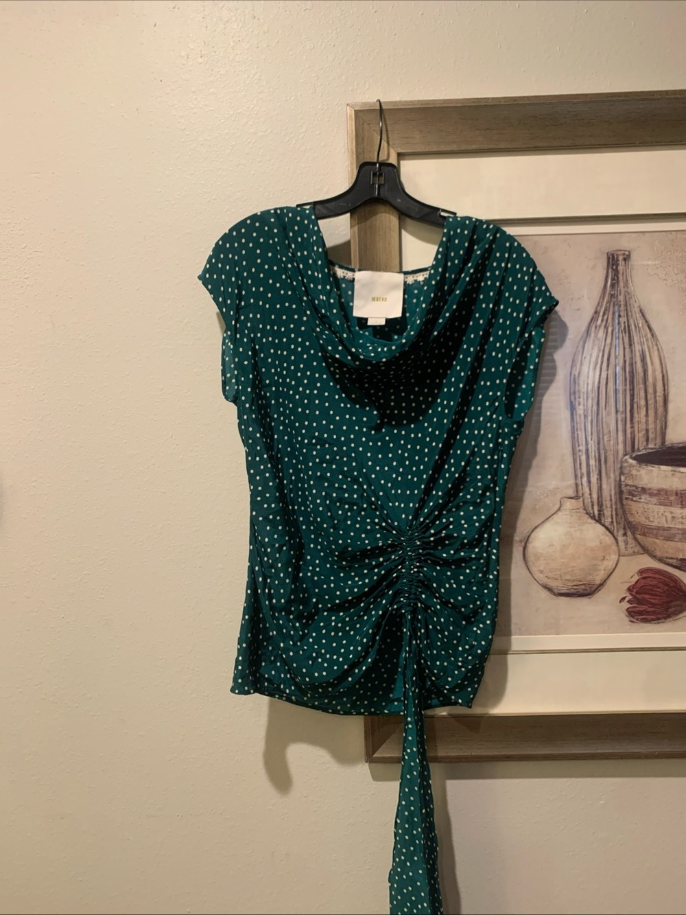 Anthropologie/ Maeve Teal 100% Silk Polka Dot Ruched Cowl Neck Blouse - Picture 2 of 10